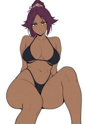 ai_generated anime_style artist_request belly_button bikini bleach blush blushing child_bearing_hips dark-skinned_female exposed_midriff hourglass_figure hourglass_figured_female large_ass large_breasts leaning_back long_hair looking_at_viewer mature mature_body mature_female mature_woman ponytail posing posing_for_picture posing_for_the_viewer purple_hair shihouin_yoruichi slim_waist tanned tanned_female tanned_skin thick_ass thick_thighs thong thong_bikini tied_hair underboob white_background wide_hips wide_thighs