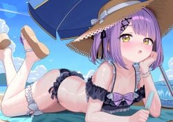1girl ass beach beach_towel beach_umbrella bikini black_bikini black_ribbon blue_sky blunt_bangs blush bow bow_bikini bracelet breasts bridal_garter brown_headwear clothing cloud collarbone day feet_up female flat_chest flip-flops food frilled_bikini frilled_swimsuit frills full_body hair_ornament hair_ribbon hairclip hat head_rest headwear holding holding_food holding_popsicle jewelry legs looking_at_viewer lying mat medium_hair mountainous_horizon ocean off-shoulder_bikini off_shoulder on_stomach open_mouth outdoors parted_lips popsicle purple_bow purple_hair ribbon sand sandals shinomiya_runa short_hair sidelocks sky solo straw_hat sun_hat sweat swimsuit the_pose thigh_strap toes towel twintails two_side_up umbrella virtual_youtuber vspo! white_bow white_thighhighs x_hair_ornament yellow_eyes