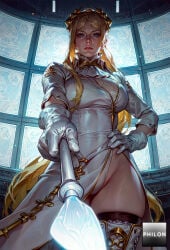 1girls ai_generated blonde_hair blue_eyes boots breasts cleavage dress from_below gloves hand_on_own_hip holding indoors large_breasts leotard lips long_hair looking_at_viewer nier nier:_automata philon solo stable_diffusion thigh_boots thighhighs thighs very_long_hair wand white_dress white_gloves white_leotard yorha_commander
