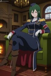 1girl ai_generated blue_headwear boots breasts brown_eyes brown_footwear chandelier couch crossed_legs crusch_karsten digitalwaifugallery epaulettes fire gloves green_hair hair_between_eyes hat hi_res high_quality high_resolution indoors jacket knee_boots long_hair long_sleeves looking_at_viewer military military_uniform pants patreon re:zero_kara_hajimeru_isekai_seikatsu seductive sexy sitting smile solo uncensored uniform watermark white_gloves window