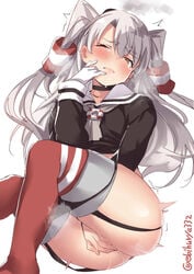 amatsukaze_(kantai_collection) ass black_panties blush brown_dress brown_eyes closed_mouth dress ebifurya eyebrows_visible_through_hair female garter_straps gloves hair_between_eyes hair_tubes hat highres kantai_collection lifebuoy long_hair looking_at_viewer masturbation mini_hat one_eye_closed panties pussy_juice red_legwear sailor_dress short_dress silver_hair simple_background single_glove smoke solo striped striped_legwear thighhighs twitter_username two_side_up underwear white_background white_gloves windsock