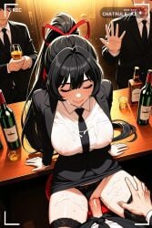 1girl absurd_res ai_assisted ai_generated alcohol_bottles arms_on_table bar barstool black_eyes black_hair bukkake clean_lineart colored comic doggy_style dramatic_lighting eyes_closed formal from_above hair_ribbon head_down high_res long_hair looking_at_viewer manhwa mole_under_eye necktie panties_exposed ponytail recording resting_head ribbon sex_from_behind sitting skirt_lifted sleeping solo solo_focus suit surrounded thigh_highs vaginal_sex very_long_hair visible_nipples visible_vagina waving_hand