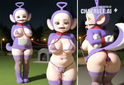 1girl ai_assisted ai_generated big_breasts big_ears bikini bite_gag bondage_harness crying cum_dripping_from_pussy cum_in_mouth cute dog_collar dripping_cum drooling erect_nipples front_view fur_cuffs hands_tied_behind_back heart_eyes heart_shaped_eyes incredibly_absurdres large_eyes leash micro_bikini micro_skirt naked nipple_chain public_park soft standing sticking_tongue_out teletubbies transparent_bikini vibrator_in_pussy
