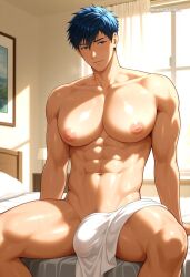 1boy ai_assisted ai_generated bedroom blue_eyes breast_bigger_than_head completely_naked detailed_background gigantic_breast glistening_skin highres inverted_nipples looking_at_viewer male_focus muscular_male naoto_hamasaki realistic_shading slim sweating thin_waist voluptuous_body wide_hips