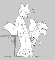 bulge bulge_through_clothing canine chelsea_(millislushi) clothed clothing erection erection_under_clothes eyelashes facial_tuft female fox grinding grinding_on_penis hair licking_lips looking_at_another looking_back male male/female millislushi name_tag pants sweat t-shirt table tail teasing