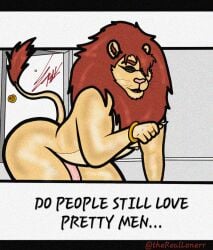anthro bedroom_eyes big_ass big_penis black_lipstick furry gay gold_jewelry hunk lion long_fingernails male male_nipples meme plain_background pretty_boy red_fur sexy_male sexy_pose tan_fur thereallonerr thick_thighs yellow_eyes