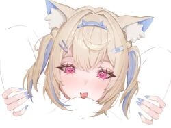 2girls animal_ear_fluff animal_ears blonde_hair blue_hair blue_nails blush commentary_request dog_ears dog_girl fuwawa_abyssgard heart heart-shaped_pupils highres hololive hololive_english implied_cunnilingus meme multicolored_hair multiple_girls negative_space_oral_(meme) oral pink_hair pov simple_background solo_focus streaked_hair symbol-shaped_pupils two-tone_hair two_side_up virtual_youtuber white_background yuri
