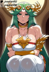 1girl ai_generated armlet artist_name bare_shoulders breasts chain circlet cleavage clothing collarbone dress female forehead_jewel gold gold_chain gold_choker green_eyes green_hair jennieart02 jewelry kid_icarus large_breasts laurel_crown long_dress long_hair looking_at_viewer neck_ring necklace palutena parted_bangs parted_lips patreon patreon_logo patreon_username pendant sitting solo squatting strapless strapless_dress sweat tiara twitter twitter_username vambraces very_long_hair watermark web_address white_dress