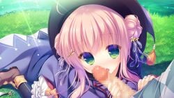 1boy 1girl black_thighhighs boots bow breasts brown_boots cape censored day donut_hair_bun double_bun etoile_terre farnese_atlas fellatio frilled_skirt frills from_above from_side game_asset grabbing_another's_penis grass green_eyes hair_bow hair_bun hair_ornament hand_on_own_hip hat highres hoshi_furu_yoru_no_farnese jacket kneeling lake licking licking_penis long_hair long_sidelocks long_sleeves looking_at_viewer medium_breasts miniskirt mosaic_censoring multiple_hair_bows neck_ribbon non-web_source open_mouth oral outdoors penis pink_hair pink_jacket purple_bow purple_cape purple_hat red_ribbon ribbon ribbon_trim self-datamine shirt sidelocks sitting skirt star_(symbol) thighhighs water white_skirt witch_hat yellow_bow yukie_(peach_candy)
