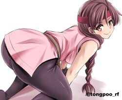 1girl 1girls big_ass big_breasts brown_eyes hairband king_of_fighters kneeling light-skinned_female light_skin pale-skinned_female pale_skin pink pink_clothes pink_clothing skirt smile smiley_face thick_ass tongpoo tonpuu yuri_sakazaki