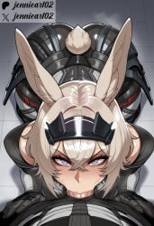 1boy 1girl ai_generated all_fours animal_ears arknights arknights:_endfield armor ass avywenna_(arknights:_endfield) black_gloves blue_eyes blush bodysuit breasts clothing crossed_bangs deepthroat erection fellatio female from_above gloves grey_eyes grey_hair hair_between_eyes hetero jennieart02 kneeling long_hair looking_at_viewer makeup male oral patreon patreon_logo patreon_username penis penis_out pov_crotch rabbit_ears rabbit_girl rabbit_tail saliva short_hair solo_focus steaming_body tail twitter twitter_username under_table watermark