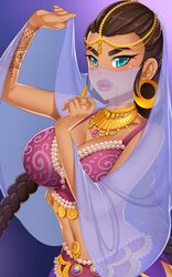 1girls arabian blue_eyes booty_calls braid brown_hair cleavage clothed_female dark-skinned_female female female_only fully_clothed harem_outfit henna jewelry mia_(booty_calls) solo tattoo veil