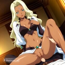 1_girl 1girl ai_assisted ai_generated anal anal_sex angle anime_screenshot blonde_hair blue_eyes breasts clothed clothes dark_skin dark_skinned_female dick female_focus forehead_mark from_bottom_to_top green_eyes heart long_hair medium_breasts no_panties no_underwear pussy red_lips shiny_skin smile top
