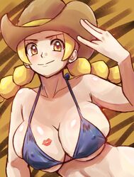 1girls bare_shoulders belly bikini bikini_top blonde_hair blue_bikini breasts brown_background cleavage cowboy_hat cowgirl cowgirl_(pokemon) eyelashes female female_only hat heart heart-shaped_pupils huge_breasts human lipstick lipstick_mark long_hair looking_at_viewer nakaba nintendo npc_trainer pokemon pokemon_breeder_(pokemon) pokemon_breeder_(pokemon_sm) pokemon_dppt pokemon_sm sideboob sketch smile solo source_request twintails underboob yellow_eyes