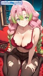 1girls 2026 ai_assisted ai_generated anime bangs boobs bra breasts bust cleavage collarbone demon_slayer gradient_hair green_eyes green_hair hi_res high_quality high_resolution highres indoors japanese_clothes kanroji_mitsuri long_hair mitsuri_kanroji multicolored_hair night patreon patreon_username pink_hair skypassion smile stable_diffusion tits torn_clothes torn_dress underwear watermark window