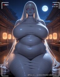 1girl ai_generated bangs belly breasts covered_navel curvy dress east_asian_architecture fetish full_moon glowing glowing_eyes huge_breasts lantern long_hair looking_at_viewer moon mummification mummified mummy mummy_bandages mummy_costume mummy_girl mummy_wrappings night night_sky nyx_x pink_eyes plump recording sensitive sitting sky smile solo thick_thighs thighs very_long_hair white_hair