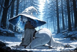 1girl ai_assisted ai_generated all_fours ass bare_tree blue_eyes breasts curvaceous curvy curvy_female curvy_figure elden_ring female forest hat large_breasts long_hair looking_at_viewer miyuai nature on_ground outdoors ranni_the_witch smile snow snowing solo thick thick_ass thick_butt thick_hips thick_legs thick_thighs thighs tree voluptuous voluptuous_female watermark wide_hips wide_thighs winter witch_hat