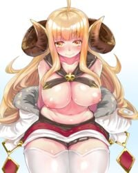 ahoge anila_(granblue_fantasy) bad_id bad_twitter_id blonde_hair breasts demon_girl demon_horns draph eyebrows eyebrows_visible_through_hair female granblue_fantasy horns large_breasts long_hair looking_at_viewer miniskirt naked_skirt navel nipples orange_eyes pleated_skirt rama_(amaru) sailor_collar sheep_horns shide sitting skirt solo thick_eyebrows thighhighs topless wariza wavy_hair white_legwear zettai_ryouiki