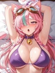 1girl animal_ears arms_up bikini brawl_stars cat_ears colette_(brawl_stars) collar goggles large_breasts looking_at_viewer pink_hair purple_eyes solo sweat