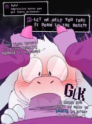 1boy 1other blowjob blush collar collared_shirt crushpepper deepthroat deltarune deltarune_chapter_5 dialogue digital_media_(artwork) duo english_dialogue english_text eyewear fur furry furry_male glasses goat goat_ears goat_horns horn horn_grab horns long_hair male non-binary nonbinary oral penis pink_horn pink_horns pubes pubic_hair purple_hair purple_skin ralsei ralsei_with_white_fur saliva saliva_trail seth_(deltarune) shirt tagme text text_box white_fur white_sclera