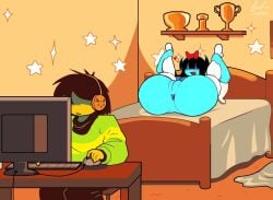 aged_up aqua_(deltarune) blue_body blue_skin deltarune deltarune_chapter_5 gaming kris_(deltarune) tagme waiting_for_sex