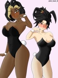 anime_style anran big_ass big_breasts big_thighs black_hair brown_eyes brown_skin bunny_ears bunny_tail bunnysuit chinese_female domina_(overwatch) ear_piercing fanart_from_twitter lipstick milf overwatch overwatch_2 posing red white_skin