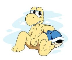 anthro balls claws feet flaccid foreskin half-closed_eyes koopa_troopa looking_at_viewer male male_only mario_(series) navel nude oob penis reptile scalie shell simple_background sitting smile solo sweat turtle