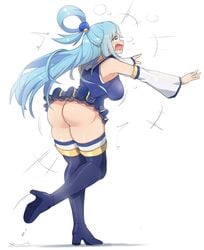 aqua_(konosuba) aqua_hair ass big_ass blue_hair boots bottomless breasts cleavage detached_sleeves female female_only heel_boots high_heel_boots kono_subarashii_sekai_ni_shukufuku_wo! light-skinned_female light_skin miniskirt no_panties no_underwear shirt simple_background sinensian skirt small_skirt solo thigh_boots thigh_highs thighhigh_boots thighhighs upskirt white_background