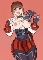 1girls alternate_costume alternate_hair_color alternate_hair_length alternate_hairstyle belt belts big_breasts black_nails blood breasts brown_hair countess_vivian fingerless_gloves flashing green_eyes licking_lips nipples paladins simple_background solo splashbrush thick_thighs vampire vivian_(paladins)