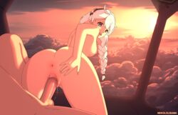 1boy ahoge animated anus braid female hair_ornament honkai_impact kiana_kaslana male nekololisama nipples open_mouth penis pussy_juice sunset uncensored white_hair