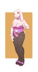 2018 anthro blush breasts caprine clothing emilyviglione female footwear fur goat high_heels legwear mammal pussy shoes simple_background smile solo toriel undertale uru1 video_games white_fur