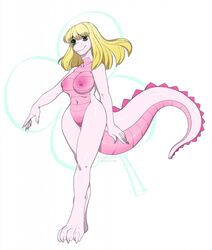 alligator anthro bangs blonde_hair breasts crocodilian female green_eyes hair madeleine_(melamoryblack) melamoryblack nipples non-mammal_breasts pink_body pussy reptile scales scalie smile solo standing thick_tail wide_hips