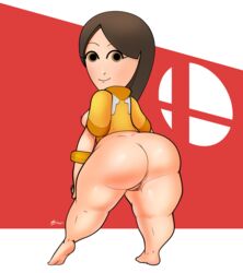 1girls ass barefoot bottomless brown_hair butt dat_ass female female_only jacket kjdnsfw mii mii_gunner mii_gunner_(smash_ultimate) mob_face nintendo shortstack solo super_smash_bros. super_smash_bros._ultimate thick_thighs