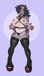 2018 boots breasts chest_tuft clothing female footwear harness hyena legwear looking_away mammal nastypasty navel nipples panties piercing pussy pussy_floss simple_background solo thigh_high_boots tia_(nastypasty) tongue tongue_out tuft underwear