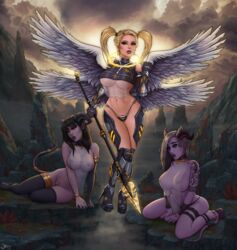 3girls angel angel_wings areolae big_breasts breasts cleavage demon demon_girl demon_horns female female_only horns large_breasts looking_at_viewer multiple_girls nipples ottomarr succubus wings