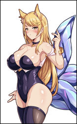 1girls ahri alternate_costume animal_ears ass big_ass big_breasts blonde_hair blush breasts choker cleavage female female_only fox_ears huge_breasts k/da_ahri k/da_series large_breasts league_of_legends long_hair minieon_kiugi sideboob solo thick_thighs thighhighs thighs yellow_eyes