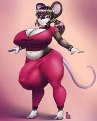 1futa anthro big_breasts big_bulge breasts bulge cleavage clothed clothing curvaceous dickgirl futa_only futanari huge_bulge intersex looking_at_viewer mammal mouse penis_outline phurie rodent slightly_chubby solo solo_futa standing