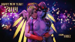 2girls 3d areolae blender breasts female female_only fritzhq looking_at_viewer mercy nipples overwatch widowmaker