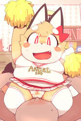 2018 ambiguous_gender anthro blush canine cheerleader clothing clothing_lift costume countershading detailed_background duo faceless_ambiguous facesitting female female/ambiguous female_focus fox fur hi_res human human_on_anthro inside interspecies kemono legwear looking_down mammal open_mouth orange_fur overweight overweight_female panties pom_poms raised_arm rantan_chan red_eyes ribbons skirt skirt_lift solo_focus stockings sweat tenshi_chan underwear