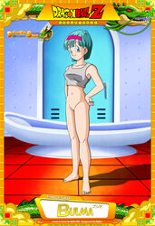 accurate_art_style bathtub bottomless bulma_briefs bulma_briefs_(frieza_saga) card door dragon_ball dragon_ball_z edit green_hair hand_on_hip headband innie_pussy japanese_text logo looking_at_viewer official_art pussy shadow shenron solo tank_top tile_floor