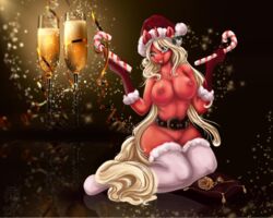 absurd_res alcohol anthro armwear belt beverage big_breasts blep blonde_hair breasts candy candy_cane celebration champagne christmas clothing equine fan_character female flower food friendship_is_magic gloves green_eyes hair happy hat hi_res holding_object holidays horn jewelry legwear looking_at_viewer mammal mdwines mistletoe my_little_pony new_year nipples nude open_mouth party piercing plant pussy red_skin rose santa_claus santa_hat simple_background sitting smile solo stockings thick_thighs tongue tongue_out unicorn