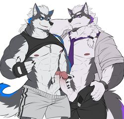 2018 2boys abs anthro anthro_on_anthro biceps blue_eyes brothers canine clothing drks duo erection facial_hair fingerless_gloves frottage fur gay gloves goatee hair hi_res humanoid_penis incest jewelry male male_only mammal muscular muscular_male navel necklace necktie nipples pecs penis purple_eyes sex shirt shorts sibling simple_background tank_top uncut watch white_background wolf yaoi