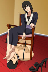 1boy 1girls always-under-feet barefoot black_eyes black_hair collar domination dress feet feet_on_face female femdom foot_fetish foot_focus foot_worship high_heels long_dress male naked naruto naruto_shippuden nude open_toe_shoes original_character sandals sandals_removed shizune shoes_removed short_hair slave soles spiked_collar straight toes