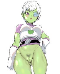 1girls alien alien_girl azuse_neko belt blue-tinted_eyewear blush bottomless breastplate breasts cheelai dragon_ball dragon_ball_super elbow_gloves eyelashes female female_only female_pubic_hair gloves green_skin hand_on_hip humanoid looking_at_viewer low-angle_view medium_breasts open_mouth pink_eyes pubic_hair pussy scouter short_hair simple_background skin_tight solo standing tinted_eyewear toned white_background white_hair