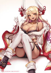 big_breasts breasts cleavage demon_girl demon_horns female female_only garter_belt granblue_fantasy horns kubira_(granblue_fantasy) large_breasts looking_at_viewer oopartz_yang solo thighhighs