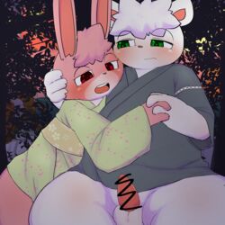 2018 anthro bottomless censored clothed clothing duo hi_res lagomorph male mammal mixeeeel open_mouth penis rabbit ursine