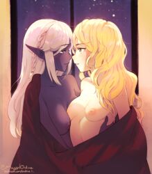 2girls areola areolae blanket blonde_hair blush blushing braid braided_hair breasts breasts_out elf female female_only freckles gold_eyes green_eyes holding indoors inside light_skin long_hair magical_ondine night nipples nose_to_nose pointy_ears purple_skin red_blanket stars topless touching_noses white_hair window yuri