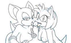 1boy 2girls amy_rose breasts collaborative_fellatio double_oral elbow_gloves fellatio jammiez male_pov multiple_girls nipples oral penis pov rouge_the_bat sonic_(series) teamwork unfinished