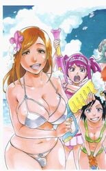 1futa 3girls areola areolae balls balls_in_panties big_breasts bikini bleach breasts breasts_out dokugamine_riruka edit erection female futanari hourglass_figure huge_breasts inoue_orihime intersex karin_kurosaki kurosaki_karin large_breasts nelliel_tu_odelschwanck nipples open_mouth penis sj_edits!! testicles unknown_artist voluptuous