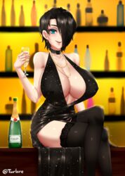 breasts cleavage dress female female_only hair_over_one_eye huge_breasts looking_at_viewer saya_(twrlare) solo thighhighs twrlare